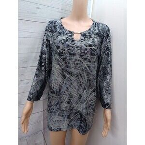 Cathy Womens Shimmer Black Silver Collard Metallic Blouse XL